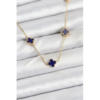 Mey İthalat® 316L Çelik Zincir Gold Renk Lacivert Baby Boy Yonca Kadın Kolye