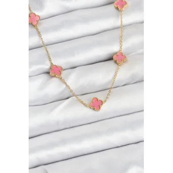 Mey İthalat® 316L Çelik Zincir Gold Renk Pembe Baby Boy Yonca Kadın Kolye