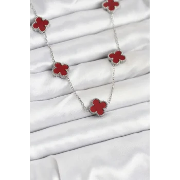 Mey İthalat® 316L Çelik Zincir Gümüş Renk Bordo Renk Yonca Kadın Kolye