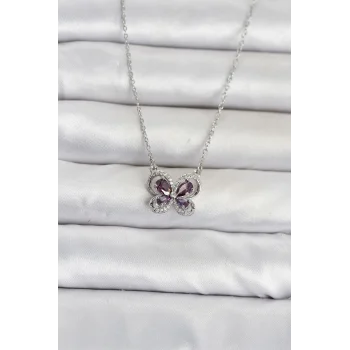 Mey İthalat® 316L Çelik Zincir Gümüş Renk Mor Kelebek Model Kadın Kolye