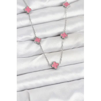 Mey İthalat® 316L Çelik Zincir Gümüş Renk Pembe Baby Boy Yonca Kadın Kolye
