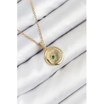 Mey İthalat® 316L Çelik Zirkon Taşlı Ay Ve Güneş Model Gold Renk Kadın Kolye