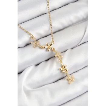 Mey İthalat® 316L Çelik Zirkon Taşlı Çiçek Model Gold Renk Kadın Kolye