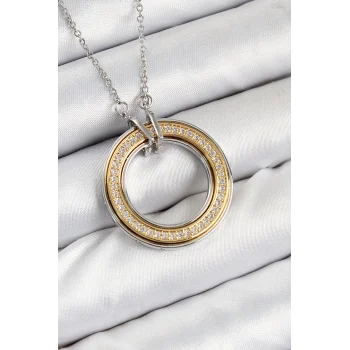 Mey İthalat® 316L Çelik Zirkon Taşlı Dönen Daire Model Gold Ve Gümüş Renk Kadın Kolye