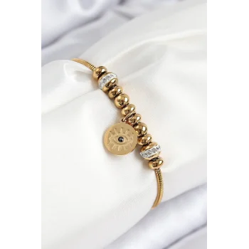 Mey İthalat® 316L Çelik Zirkon Taşlı Göz Charm Model Gold Renk Kadın Bileklik