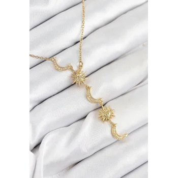 Mey İthalat® 316L Çelik Zirkon Taşlı Güneş Ve Ay Model Gold Renk Kadın Kolye