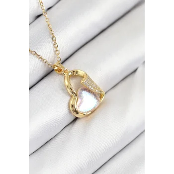 Mey İthalat® 316L Çelik Zirkon Taşlı Kalp Model Gold Renk Kadın Kolye