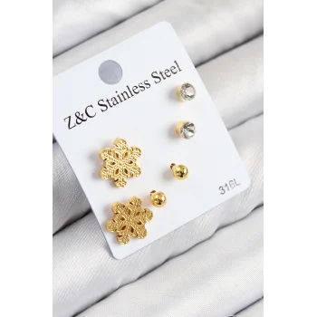 Mey İthalat® 316L Çelik Zirkon Taşlı Kar Tanesi Model Gold Renk Kadın Set Küpe