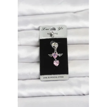 Mey İthalat® 316L Cerrahi Çelik Pembe Zirkon Taşlı Kanat Model Göbek Piercing