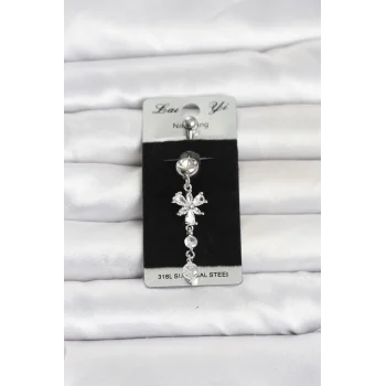 Mey İthalat® 316L Cerrahi Çelik Sallantılı Zirkon Taşlı Model Göbek Piercing