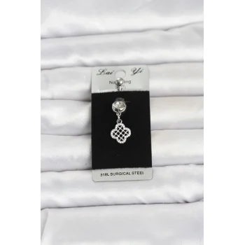 Mey İthalat® 316L Cerrahi Çelik Zirkon Taşlı Sallantılı Yonca Model Göbek Piercing