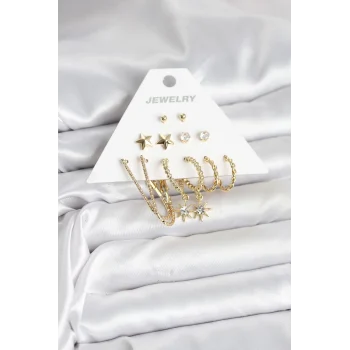Mey İthalat® 6 Çift Kadın Küpe Seti Gold Renk