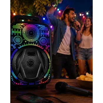 Mey İthalat® 8 İnç Taşınabilir Karaoke Hoparlör Mikrofonlu RGB Işıklı Bluetooth Speaker