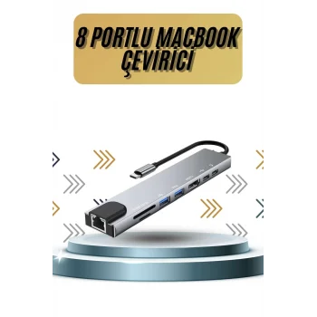 Mey İthalat® 8 Portlu Macbook Çevirici Type C Hub  SD TF USB Çoğaltıcı Ethernet