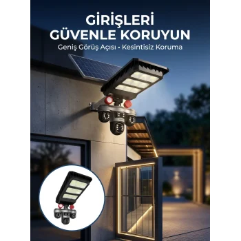 Mey İthalat® Akıllı Solar Güvenlik Kamerası 3 Lens Hareket Takip Özellikli Dış Ortam Kamera