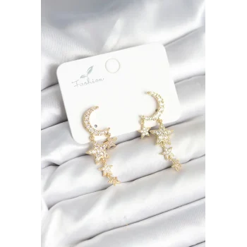 Mey İthalat® Ay ve Yıldız Model Gold Renk Pirinç Kadın Küpe