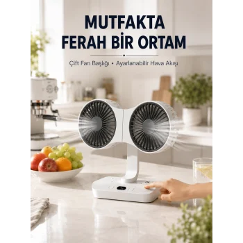 Mey İthalat® Ayarlanabilir Çift Fan Başlıklı Şarjlı Masa Vantilatörü