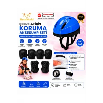 Mey İthalat® Bisiklet Kaykay Paten Çocuk Kaskı Ve Dizlik Set MAVİ/SİYAH