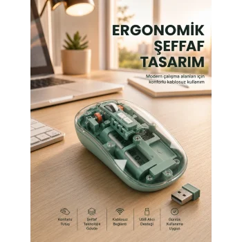Mey İthalat® Bluetooth ve 2.4G USB Destekli Pilli Kablosuz Şeffaf Mouse Yeni Nesil