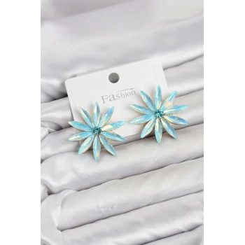 Mey İthalat® Buz Mavisi Kristal Taşlı Lotus Model Kadın Küpe