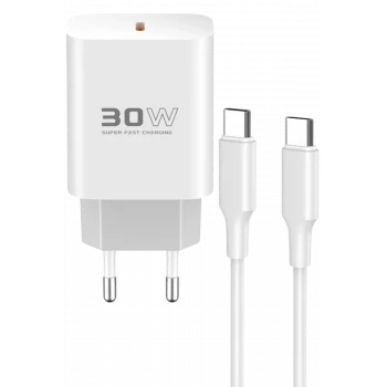 Mey İthalat®  C87C 30W Type-C Çıkışlı Ekstra DL51 1M Type-C to Type-C Kablolu PD Şarj Cihazı - Beyaz