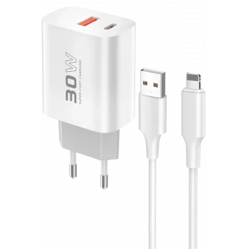 Mey İthalat®  C89Q 1 Adet 30W Type-C ve 1 Adet 22.5W USB Çıkışlı Ekstra DL48 1M USB to Lightning Kablolu PD Şarj Cihazı - Beyaz