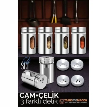 Mey İthalat® Cam+Çelik Tuzluk Biberlik Karabiberlik 3 Farklı Delikli 5 li SET 721945