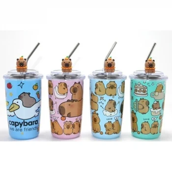 Mey İthalat® Capybara Figürlü Isı Muhafazalı Metal Pipetli Paslanmaz Çelik Kupa