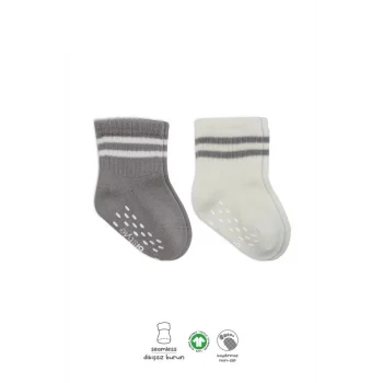 Mey İthalat®   Çemberli Kaymaz Soket Çorap 2Li BS10125 Gri Ekru