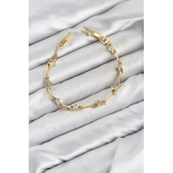 Mey İthalat® CM Gold Renk Yıldız Model Zirkon Taşlı Pirinç Kadın Bileklik