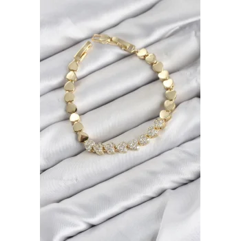 Mey İthalat® CM Kalp Model Zirkon Taşlı VIP Seri Gold Renk Pirinç Kadın Bileklik