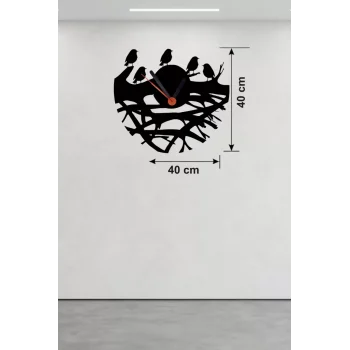 Mey İthalat® Dallarda Kuşlar Tasarım Ahşap Duvar Saati - 40x40 cm Dekoratif Saat