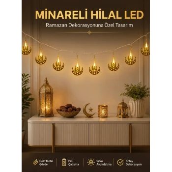 Mey İthalat® Dekoratif Minareli Hilal LED Işık Metal Gövdeli Ramazan Aydınlatma