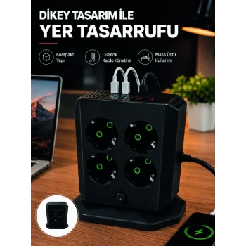 Mey İthalat® Dikey Priz Kulesi 8 AC Priz 4 USB 2 Type-C Çocuk Korumalı Güç Dağıtıcı