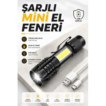 Mey İthalat® El Feneri Led USB Şarjlı Zoom Mini Led Işık Acil Durum Feneri