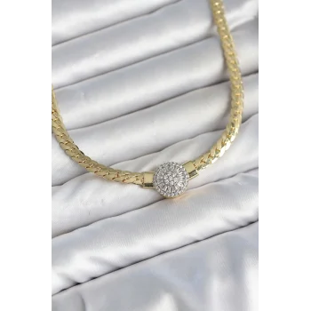 Mey İthalat® Ezme Zincir Model Zirkon Taşlı VIP Seri Gold Renk Kadın Kolye