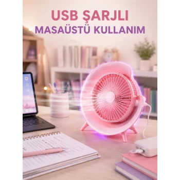 Mey İthalat® Gece Lambası Özellikli Şarjlı Mini Masaüstü Fan