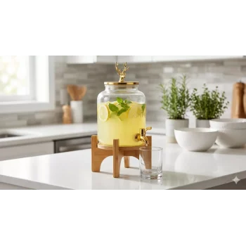 Mey İthalat® Geyik Figürlü Gold Lüks Cam İçecek Sebili - 3.6 Litre Bambu Standlı Meyve Suyu Kovası