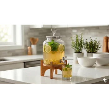 Mey İthalat® Geyik Figürlü Gümüş Lüks Cam İçecek Sebili - 3.6 Litre Bambu Standlı Meyve Suyu Kovası