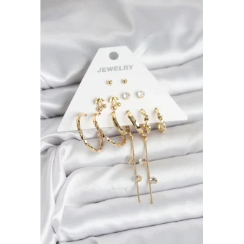 Mey İthalat® Gold Renk 6 Çift Pirinç Kadın Küpe Seti