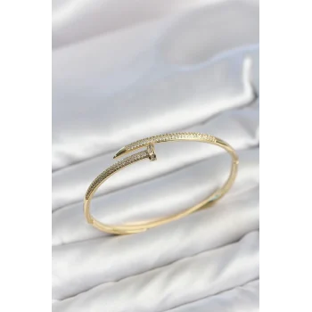 Mey İthalat® Gold Renk Çivi Model Zirkon Taşlı Kadın Kelepçe Bileklik