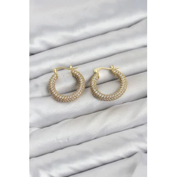 Mey İthalat® Gold Renk Full Zirkon Taşlı Halka Kadın Küpe