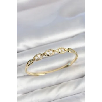 Mey İthalat® Gold Renk Gemi Zinciri Model Zirkon Taşlı Kadın Kelepçe Bileklik
