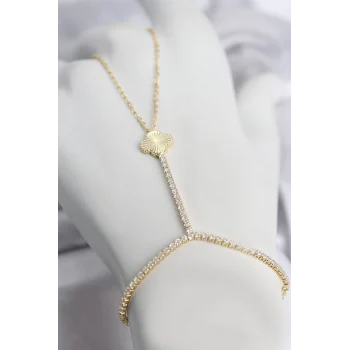 Mey İthalat® Gold Renk Pirinç Lazerli Yonca Model Zirkon Taşlı Şahmeran
