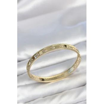 Mey İthalat® Gold Renk Pirinç Yonca Model Zirkon Taşlı Kadın Kelepçe Bileklik