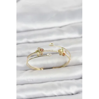 Mey İthalat® Gold Renk Pirinç Zirkon Taşlı Çiçek Model Kadın Bileklik