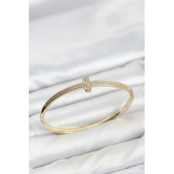 Mey İthalat® Gold Renk T Model Zirkon Taşlı Kadın Kelepçe Bileklik