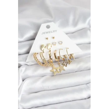 Mey İthalat® Gold Renk Yıldızlı Set 6 Çift Kadın Küpe Seti