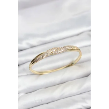 Mey İthalat® Gold Renk Zirkon Taşlı Sarmal Model Kadın Kelepçe Bileklik