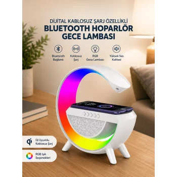 Mey İthalat® Google Dijital Kablosuz Şarj Özellikli Bluetooth Hoparlör Gece Lambası